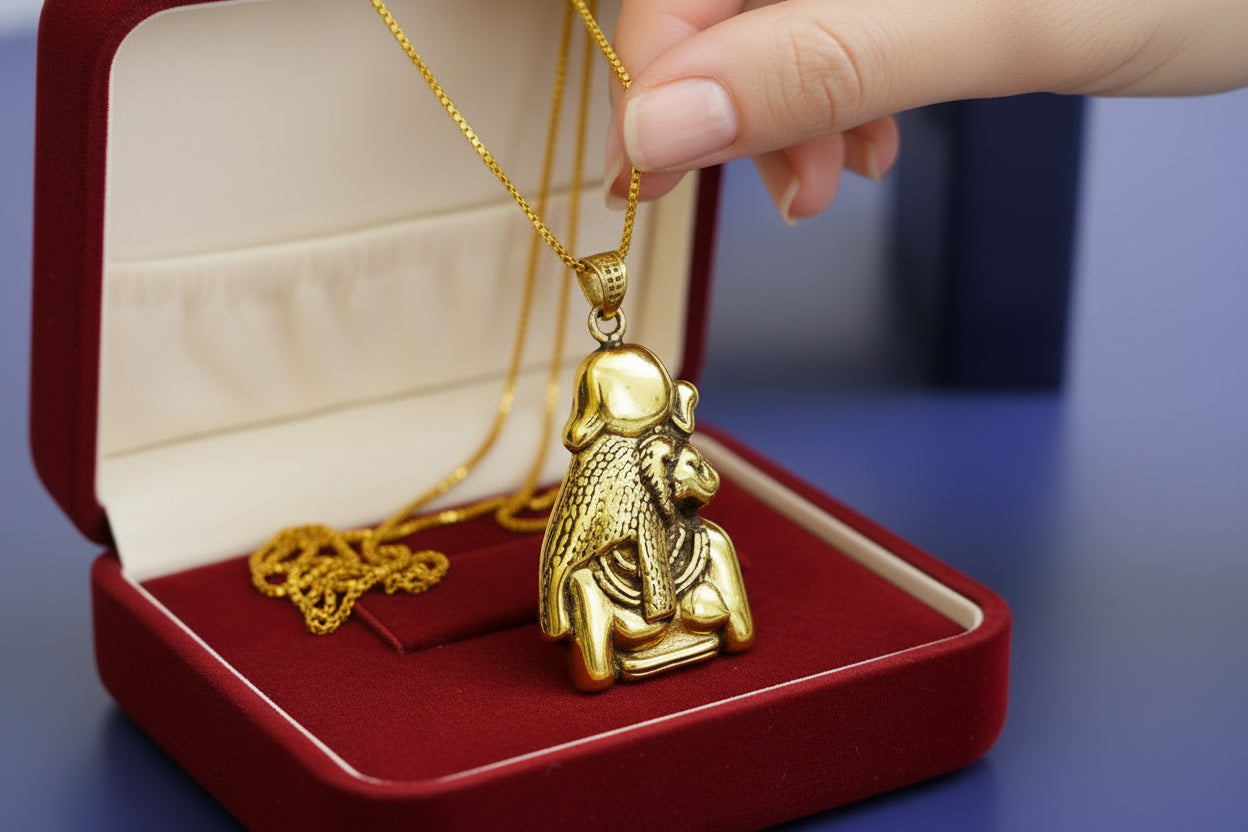 Gold Sekhmet Pendant, Egyptian Revival Necklace