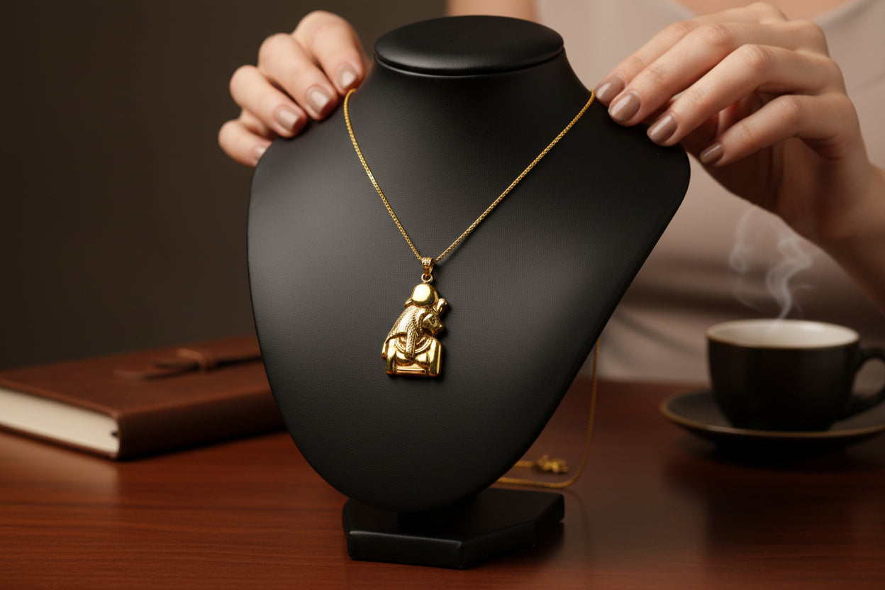 Gold Sekhmet Pendant, Egyptian Revival Necklace