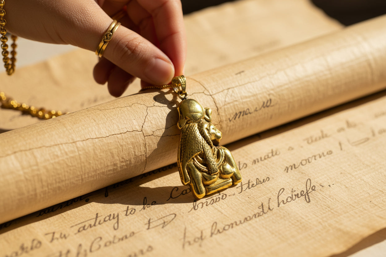 Gold Sekhmet Pendant, Egyptian Revival Necklace