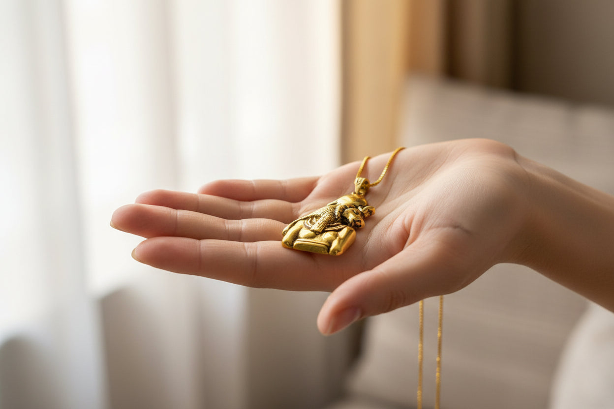 Gold Sekhmet Pendant, Egyptian Revival Necklace