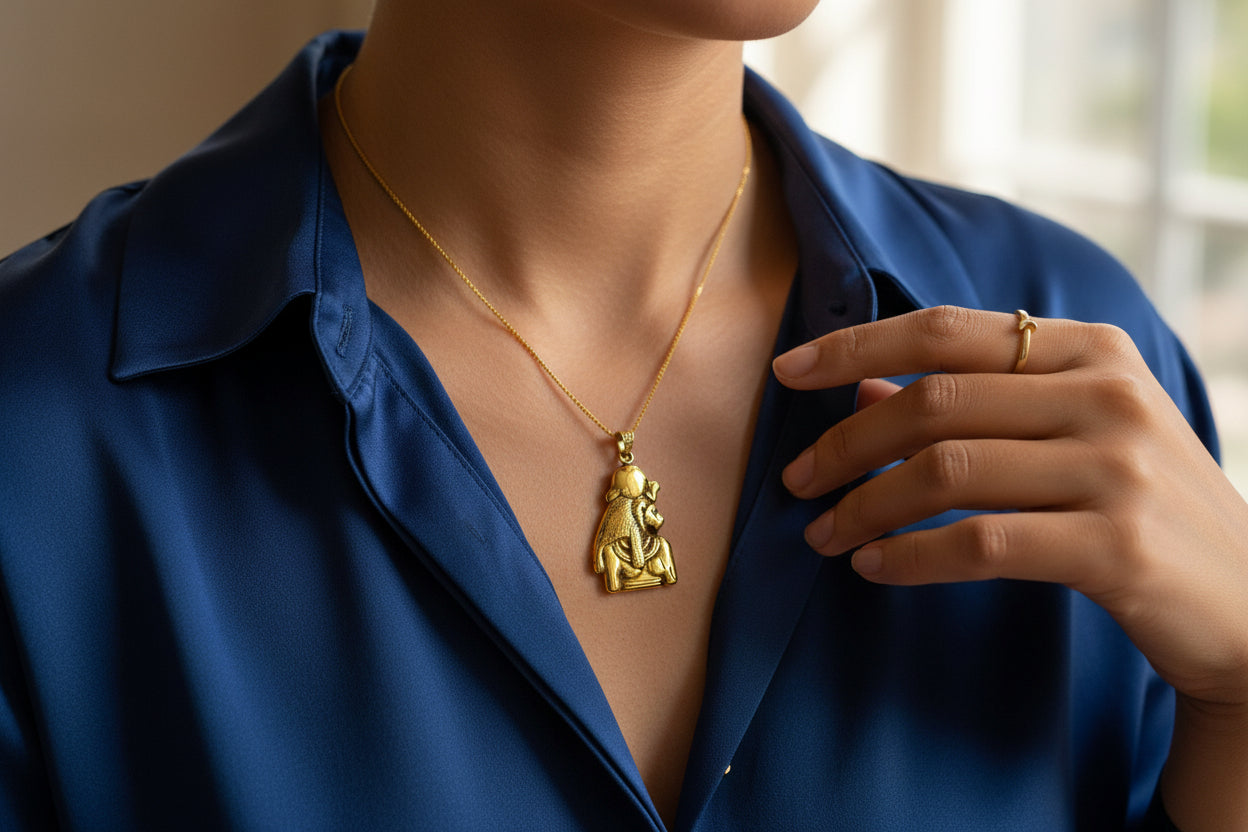 Gold Sekhmet Pendant, Egyptian Revival Necklace