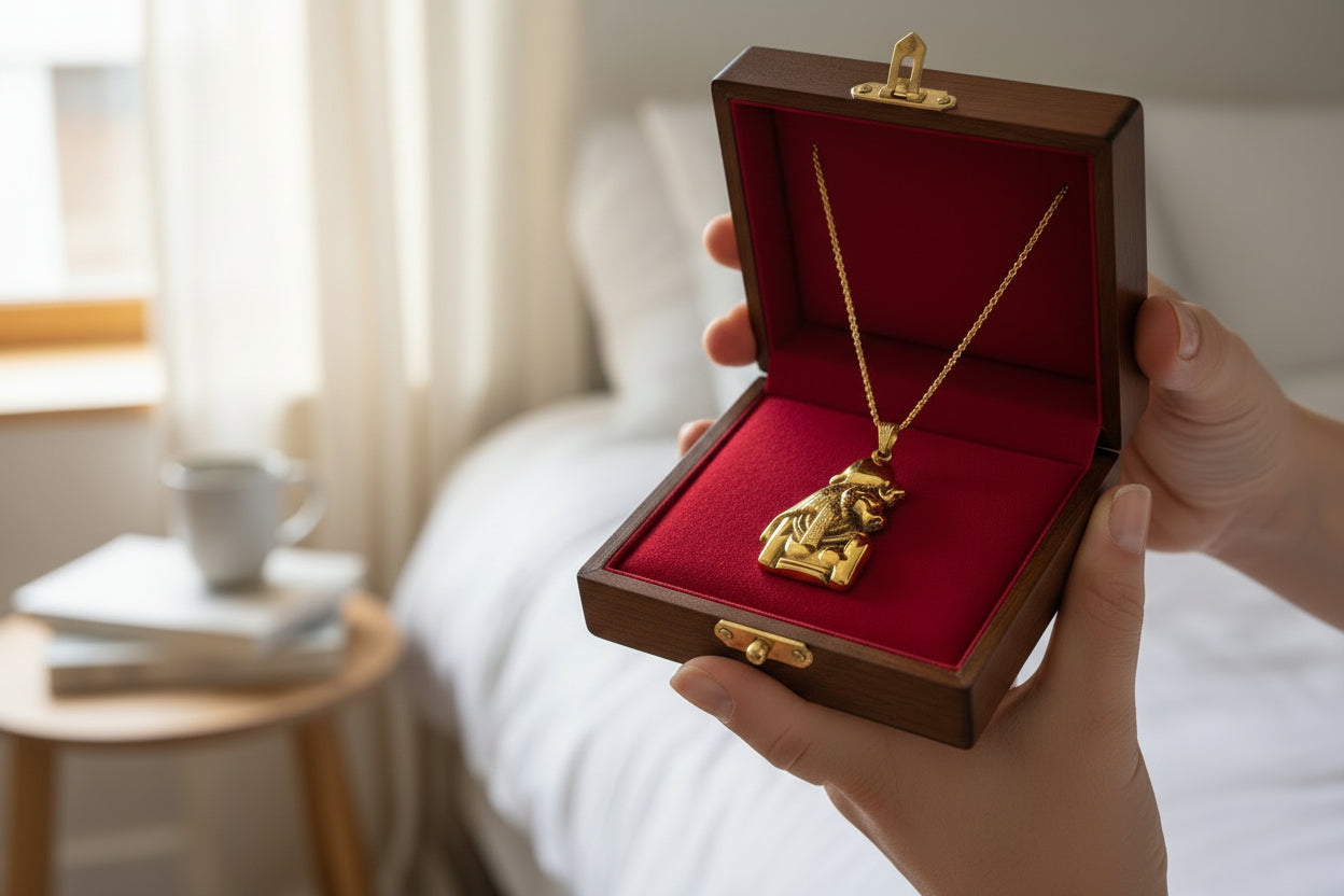 Gold Sekhmet Pendant, Egyptian Revival Necklace