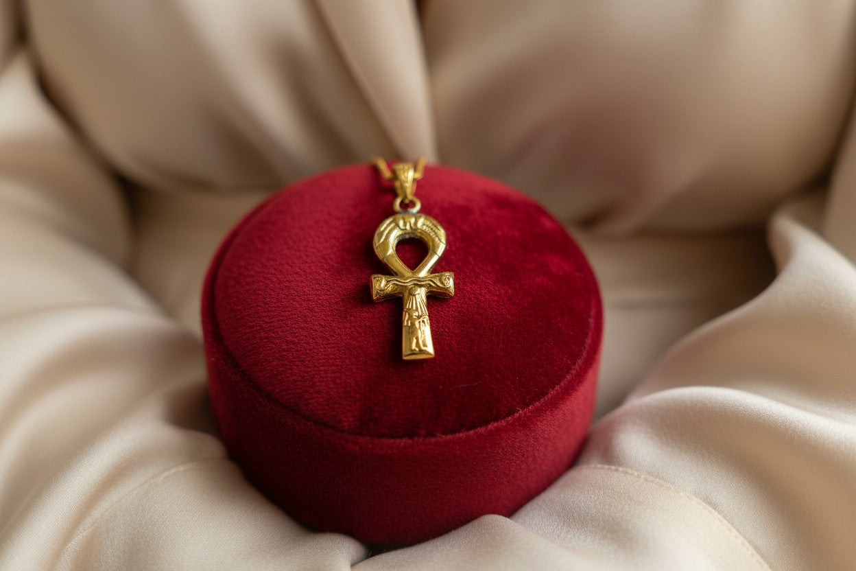 Gold Akhenaton Prayers Ankh Pendant,  Egyptian Amulet Necklace
