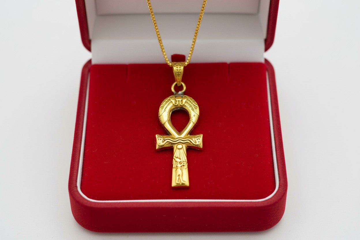 Gold Akhenaton Prayers Ankh Pendant,  Egyptian Amulet Necklace