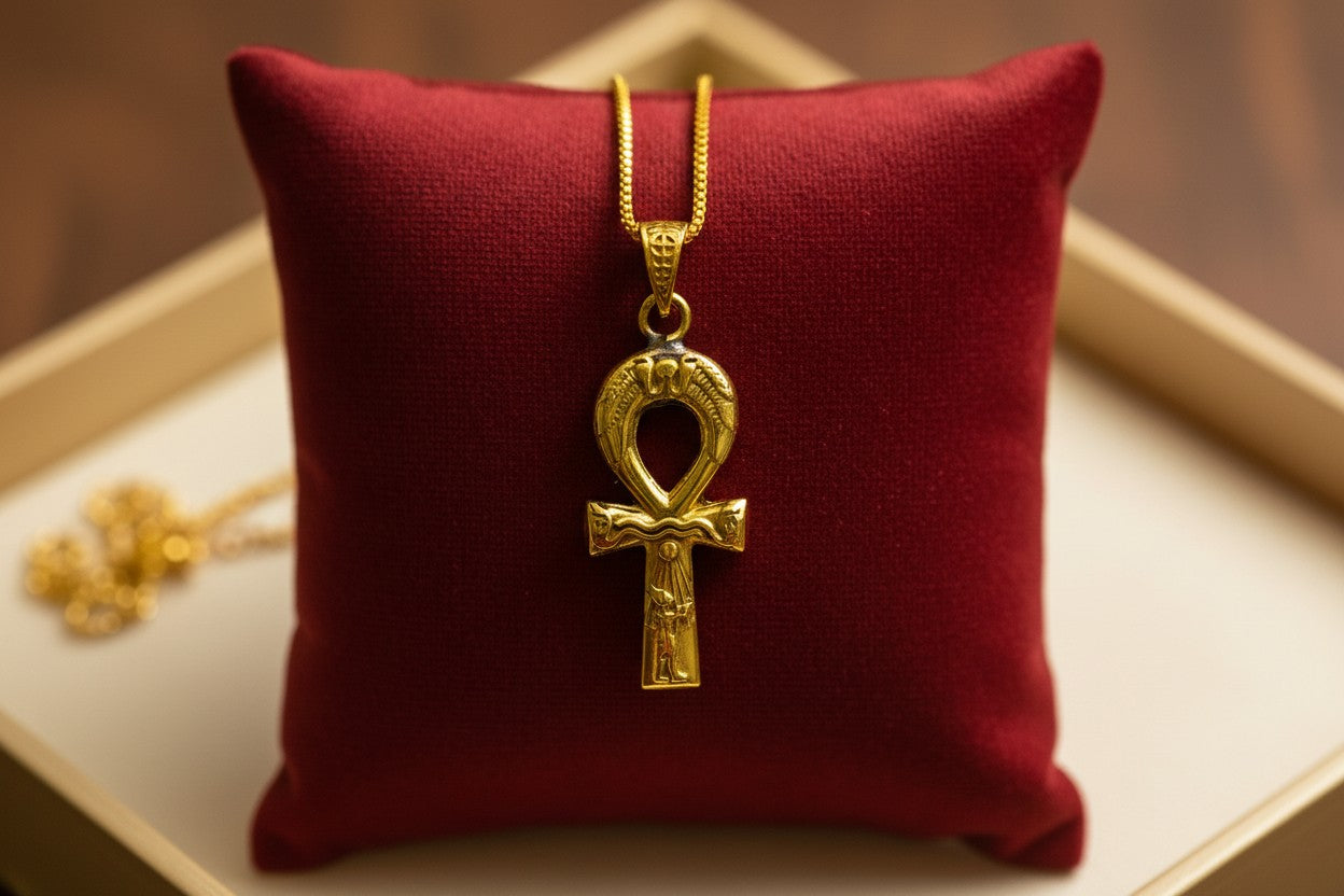 Gold Akhenaton Prayers Ankh Pendant,  Egyptian Amulet Necklace