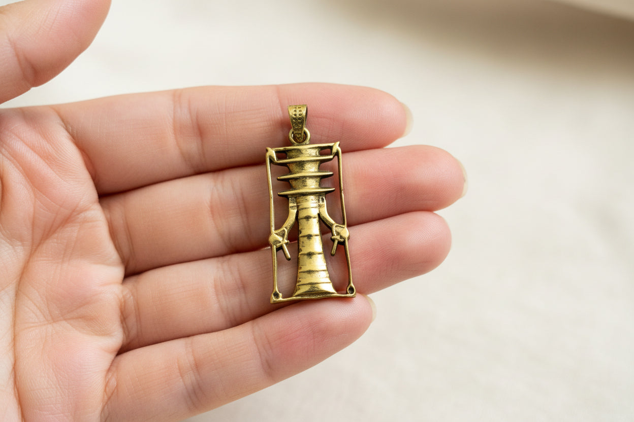 Gold Djed Pillar Pendant Necklace, Egyptian Revival Talisman