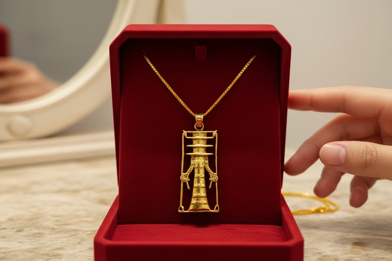 Gold Djed Pillar Pendant Necklace, Egyptian Revival Talisman