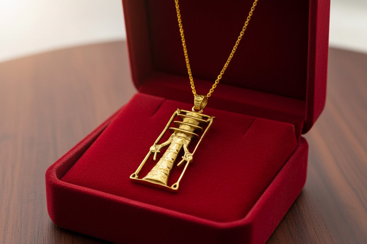 Gold Djed Pillar Pendant Necklace, Egyptian Revival Talisman