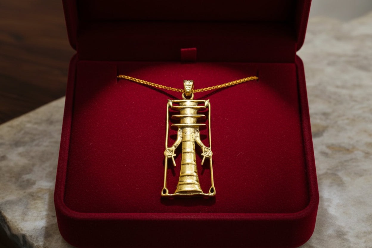 Gold Djed Pillar Pendant Necklace, Egyptian Revival Talisman