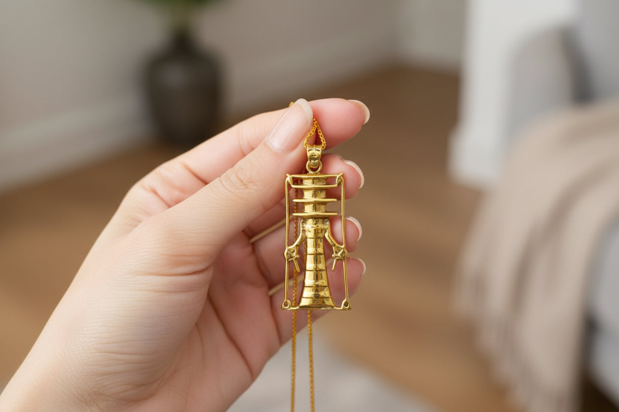 Gold Djed Pillar Pendant Necklace, Egyptian Revival Talisman