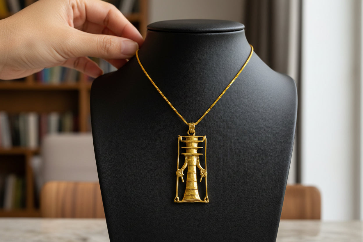 Gold Djed Pillar Pendant Necklace, Egyptian Revival Talisman