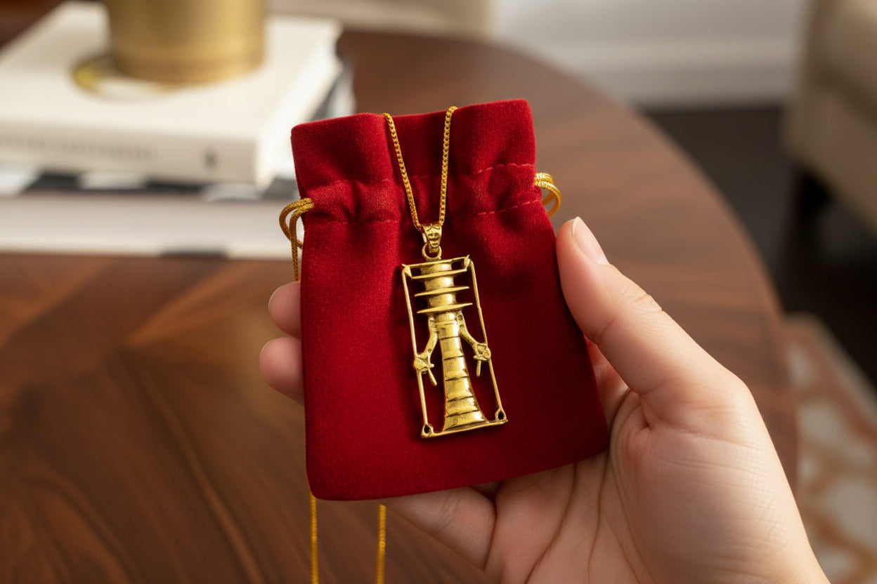 Gold Djed Pillar Pendant Necklace, Egyptian Revival Talisman