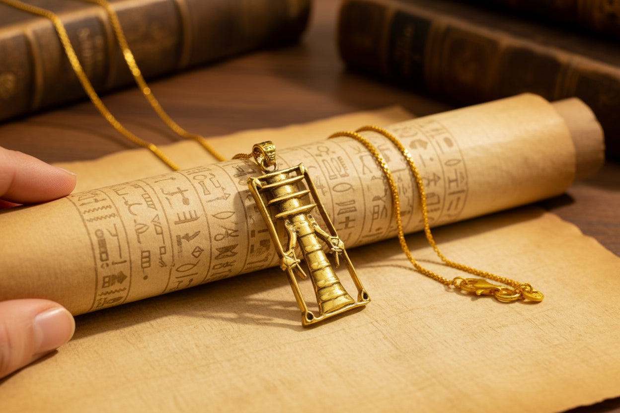 Gold Djed Pillar Pendant Necklace, Egyptian Revival Talisman