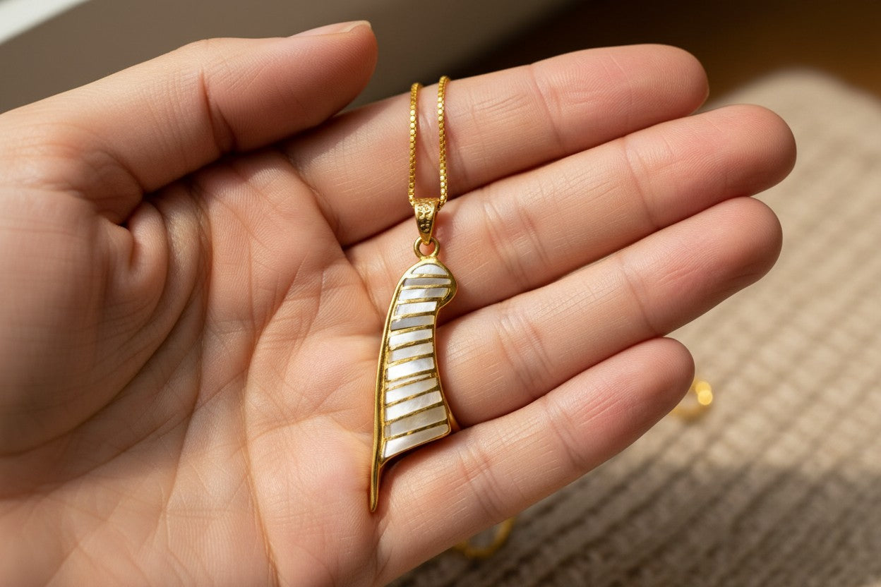 Gold Maat's Feather Pendant Necklace, Mother of Pearl Egyptian Jewelry