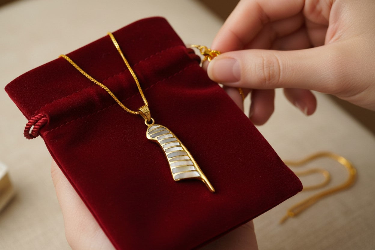 Gold Maat's Feather Pendant Necklace, Mother of Pearl Egyptian Jewelry