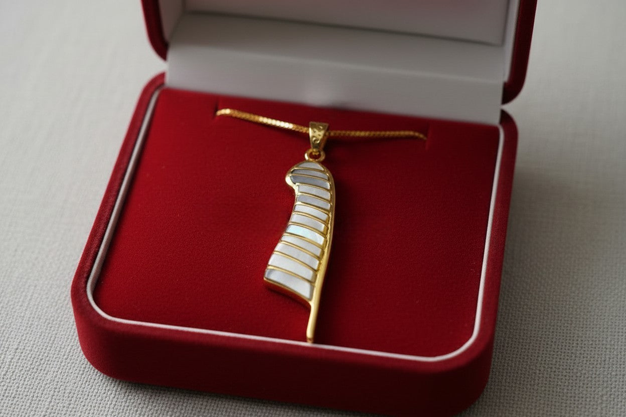 Gold Maat's Feather Pendant Necklace, Mother of Pearl Egyptian Jewelry