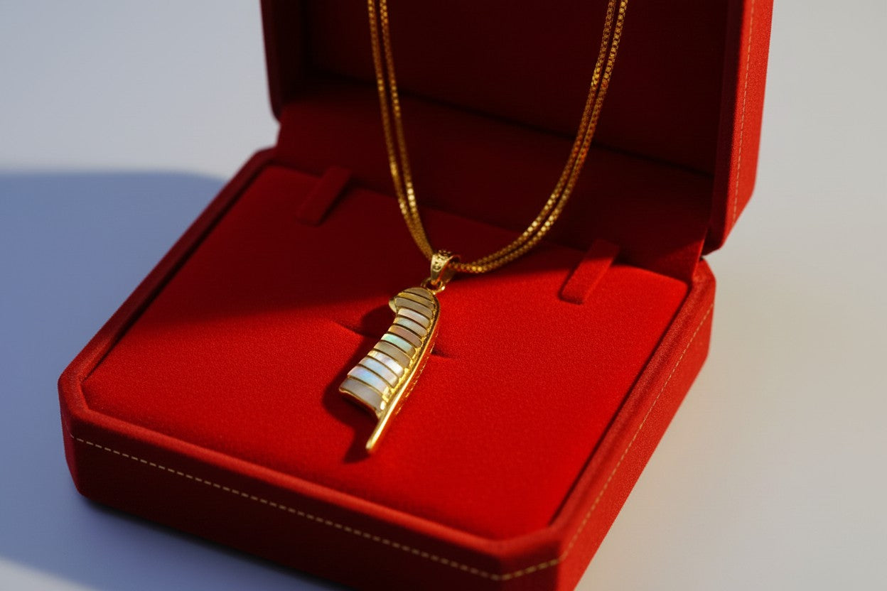 Gold Maat's Feather Pendant Necklace, Mother of Pearl Egyptian Jewelry