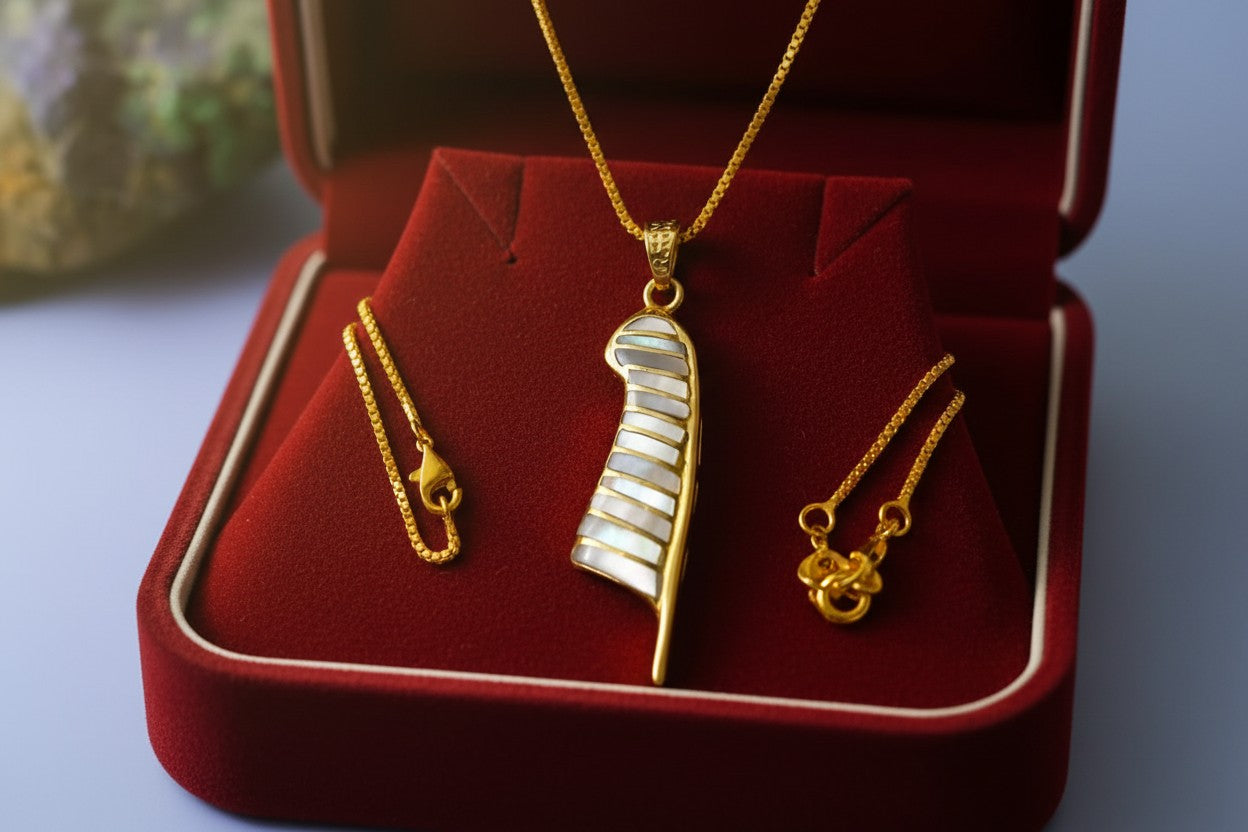 Gold Maat's Feather Pendant Necklace, Mother of Pearl Egyptian Jewelry