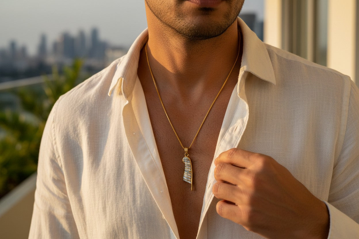 Gold Maat's Feather Pendant Necklace, Mother of Pearl Egyptian Jewelry