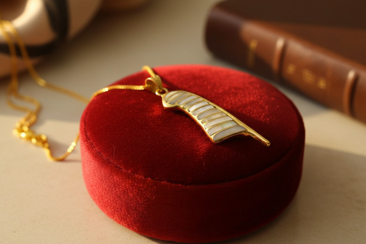 Gold Maat's Feather Pendant Necklace, Mother of Pearl Egyptian Jewelry