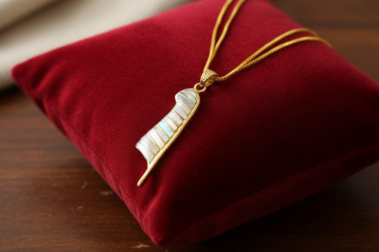 Gold Maat's Feather Pendant Necklace, Mother of Pearl Egyptian Jewelry