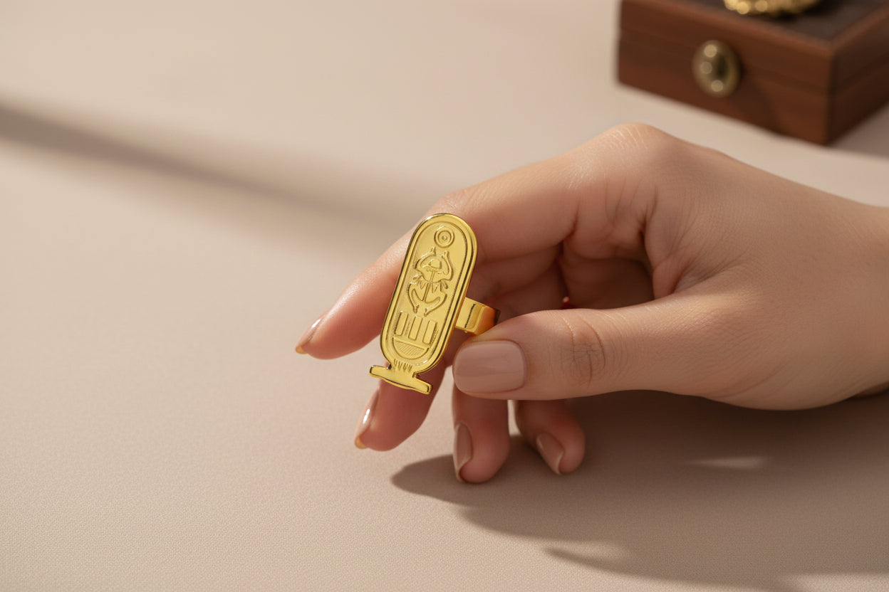 Adjustable Gold Cartouche Ring, Egyptian Revival Jewelry