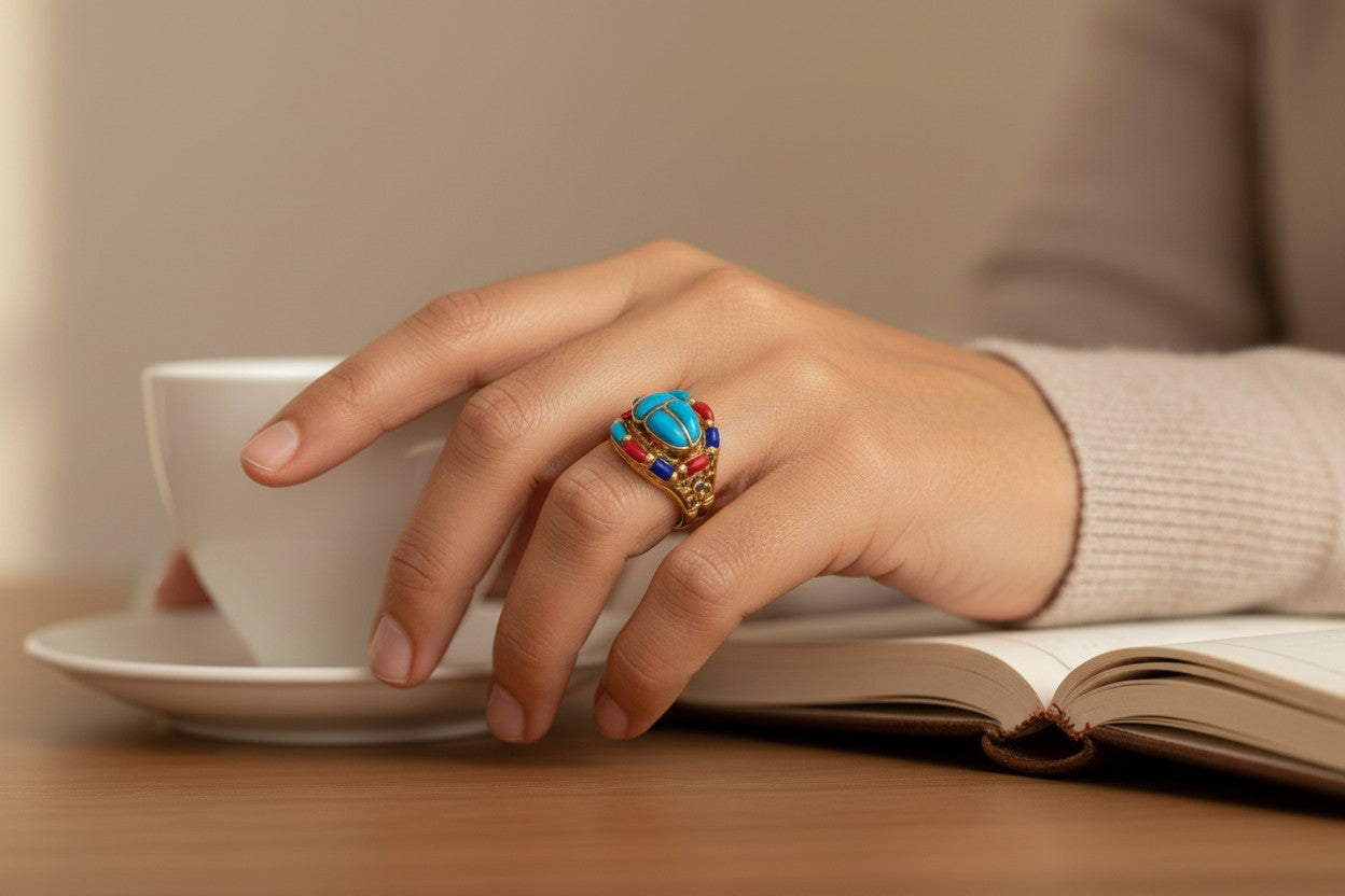 Gold Scarab Ring, Turquoise Egyptian Ring, Ancient Egypt Jewelry, Spiritual Talisman Ring, Vintage Gold Scarab Jewelry Gift