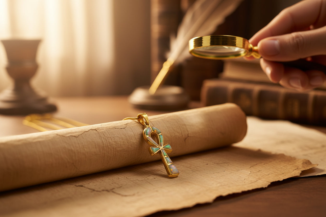 Gold Opal Key Of Life Ankh Pendant, Egyptian Revival Divine Minimalist Necklace