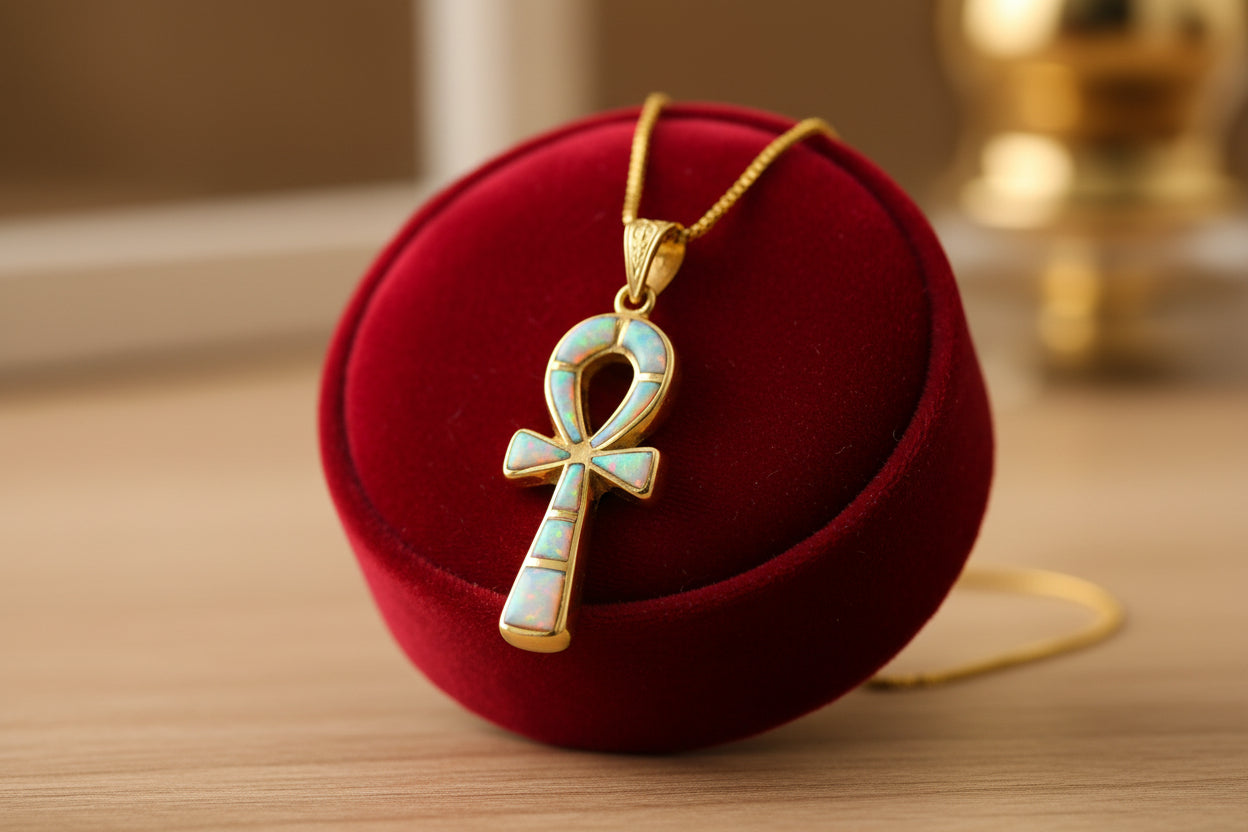 Gold Opal Key Of Life Ankh Pendant, Egyptian Revival Divine Minimalist Necklace