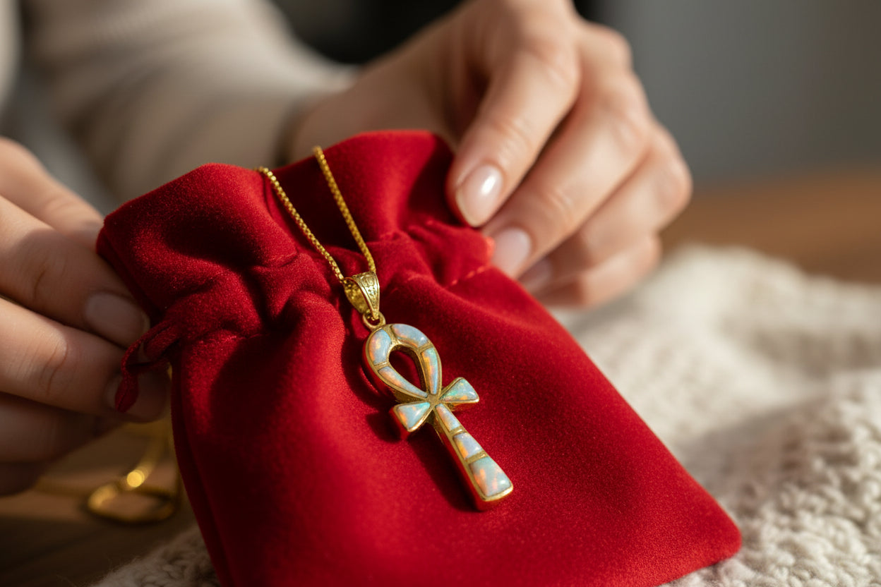 Gold Opal Key Of Life Ankh Pendant, Egyptian Revival Divine Minimalist Necklace