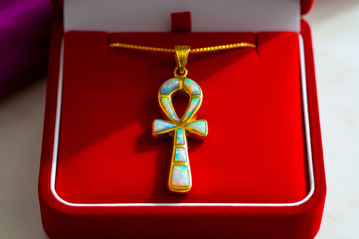 Gold Opal Key Of Life Ankh Pendant, Egyptian Revival Divine Minimalist Necklace