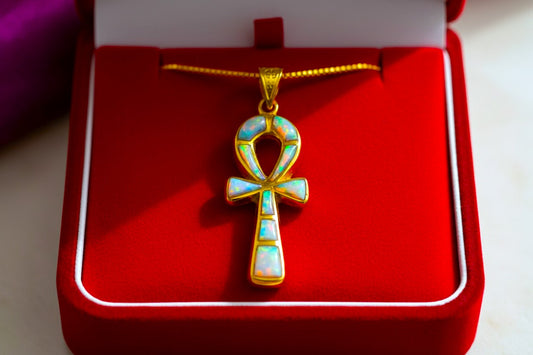 Gold Opal Key Of Life Ankh Pendant, Egyptian Revival Divine Minimalist Necklace