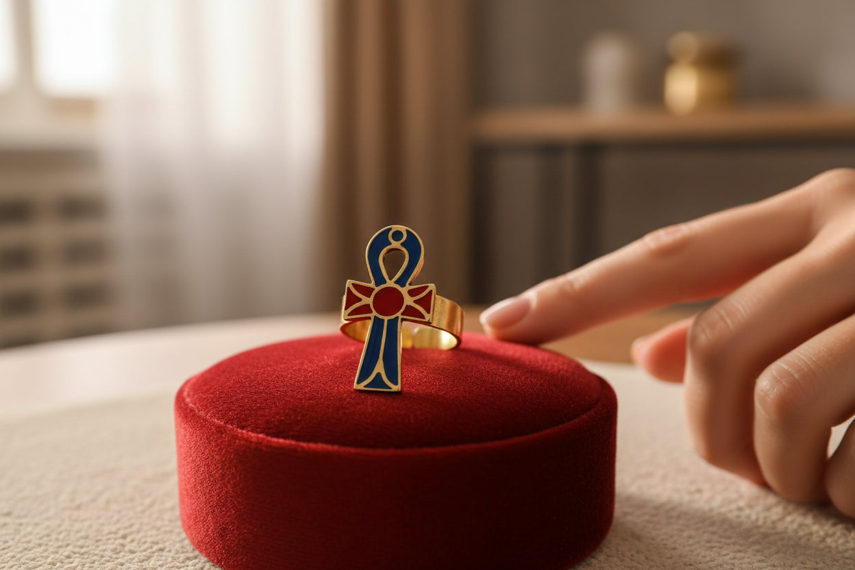 Gold Ankh Enamel Ring, Egyptian Key of Life Talisman