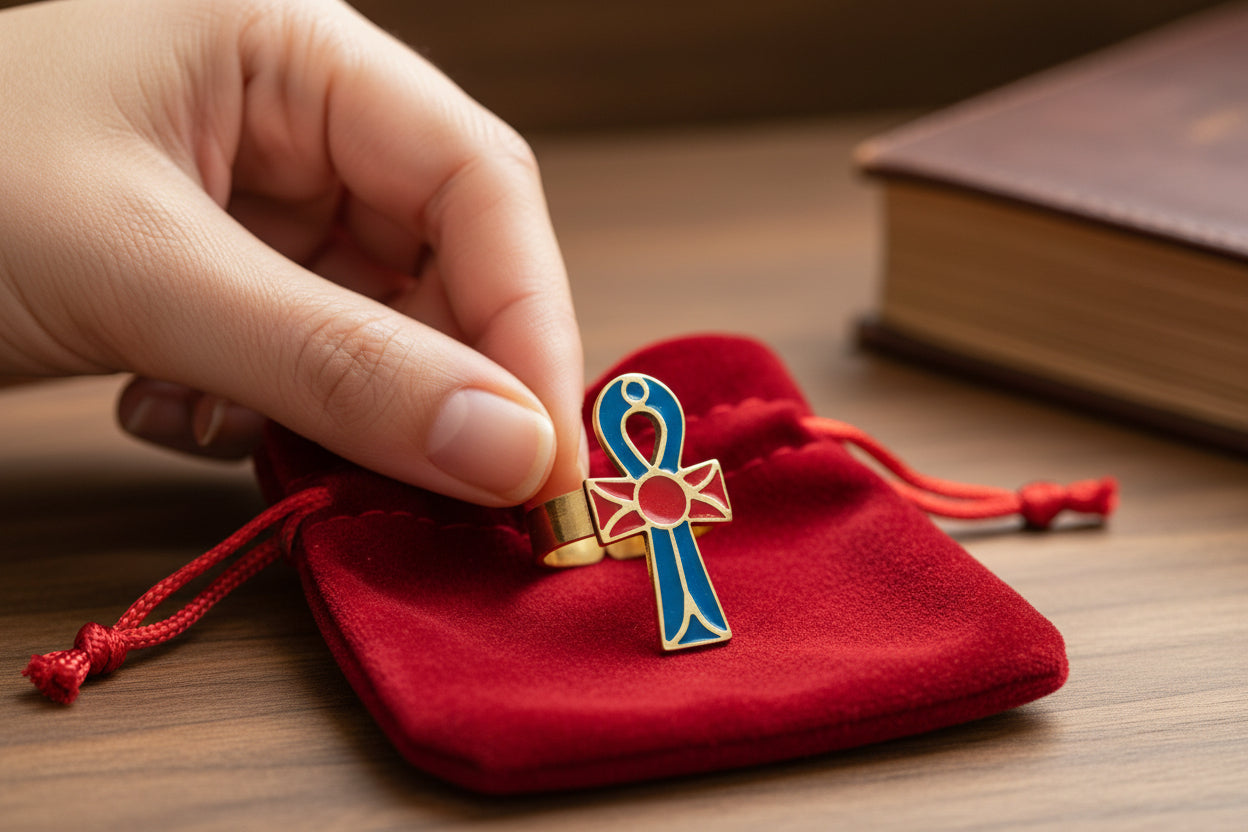 Gold Ankh Enamel Ring, Egyptian Key of Life Talisman