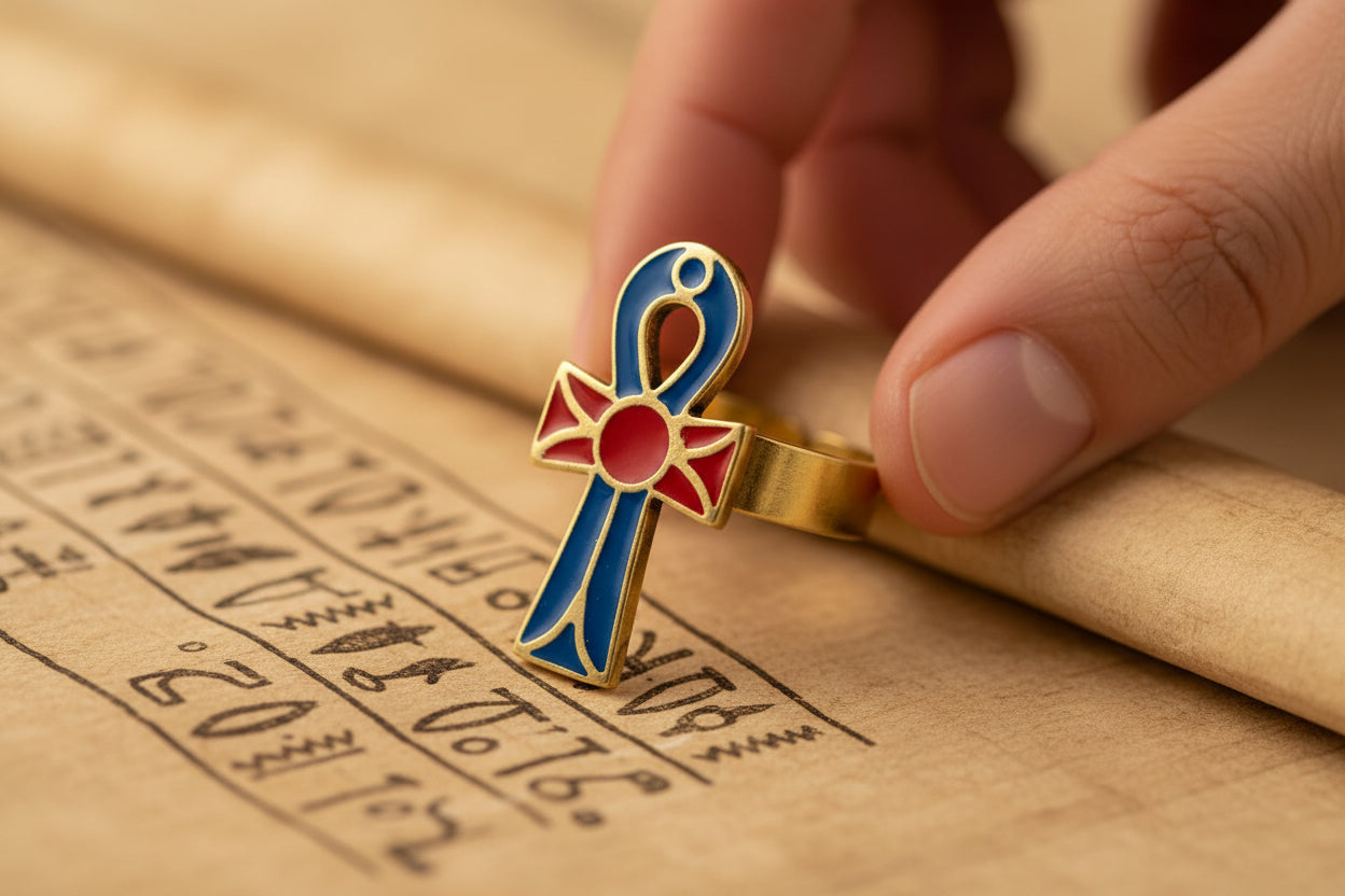 Gold Ankh Enamel Ring, Egyptian Key of Life Talisman