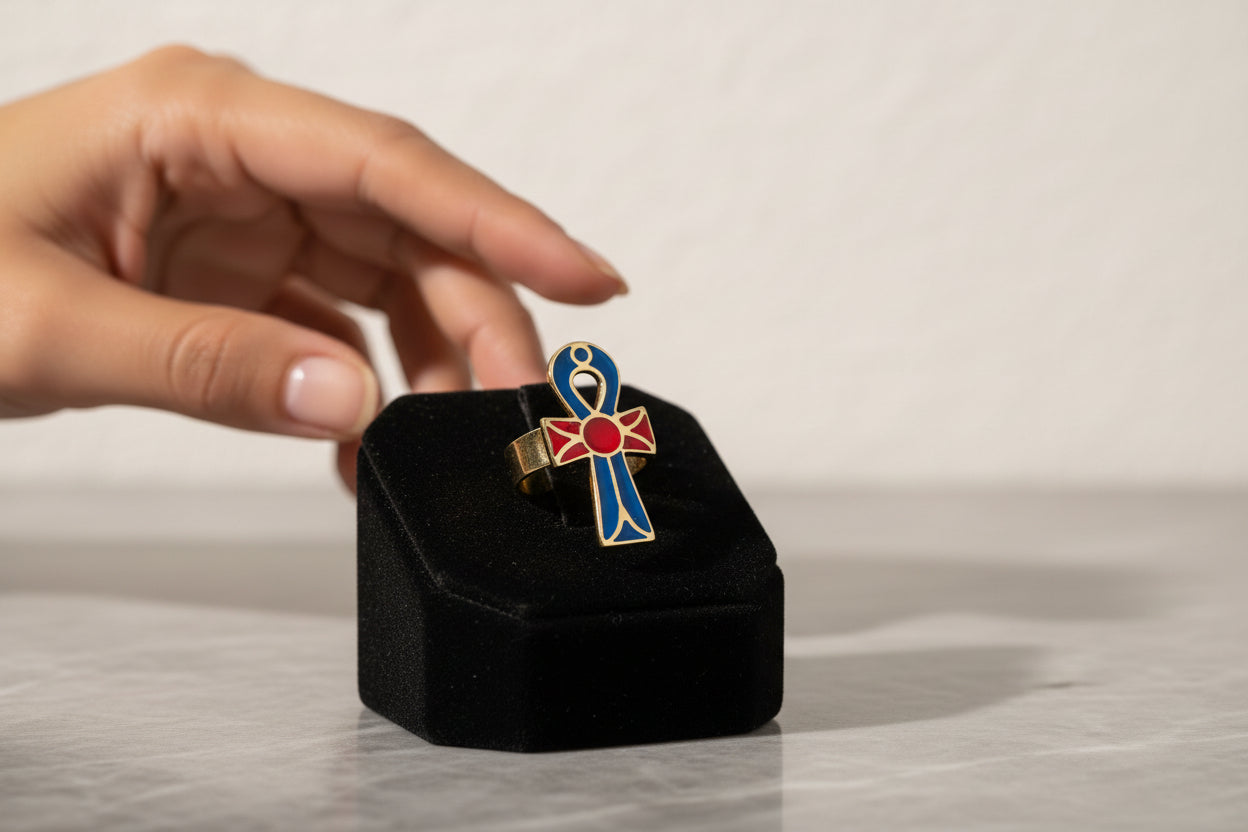 Gold Ankh Enamel Ring, Egyptian Key of Life Talisman