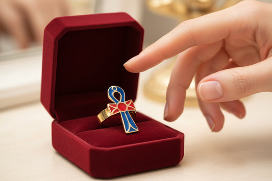 Gold Ankh Enamel Ring, Egyptian Key of Life Talisman
