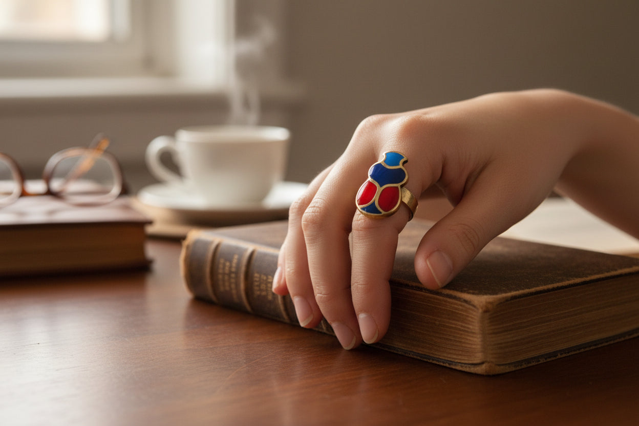 Gold Scarab Ring, Enamel Egyptian Talisman, Adjustable Ring