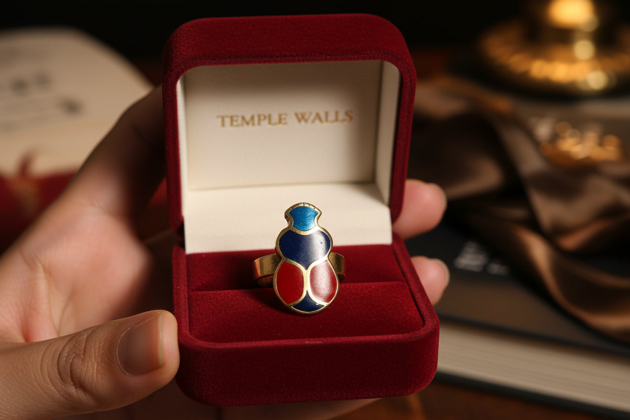 Gold Scarab Ring, Enamel Egyptian Talisman, Adjustable Ring