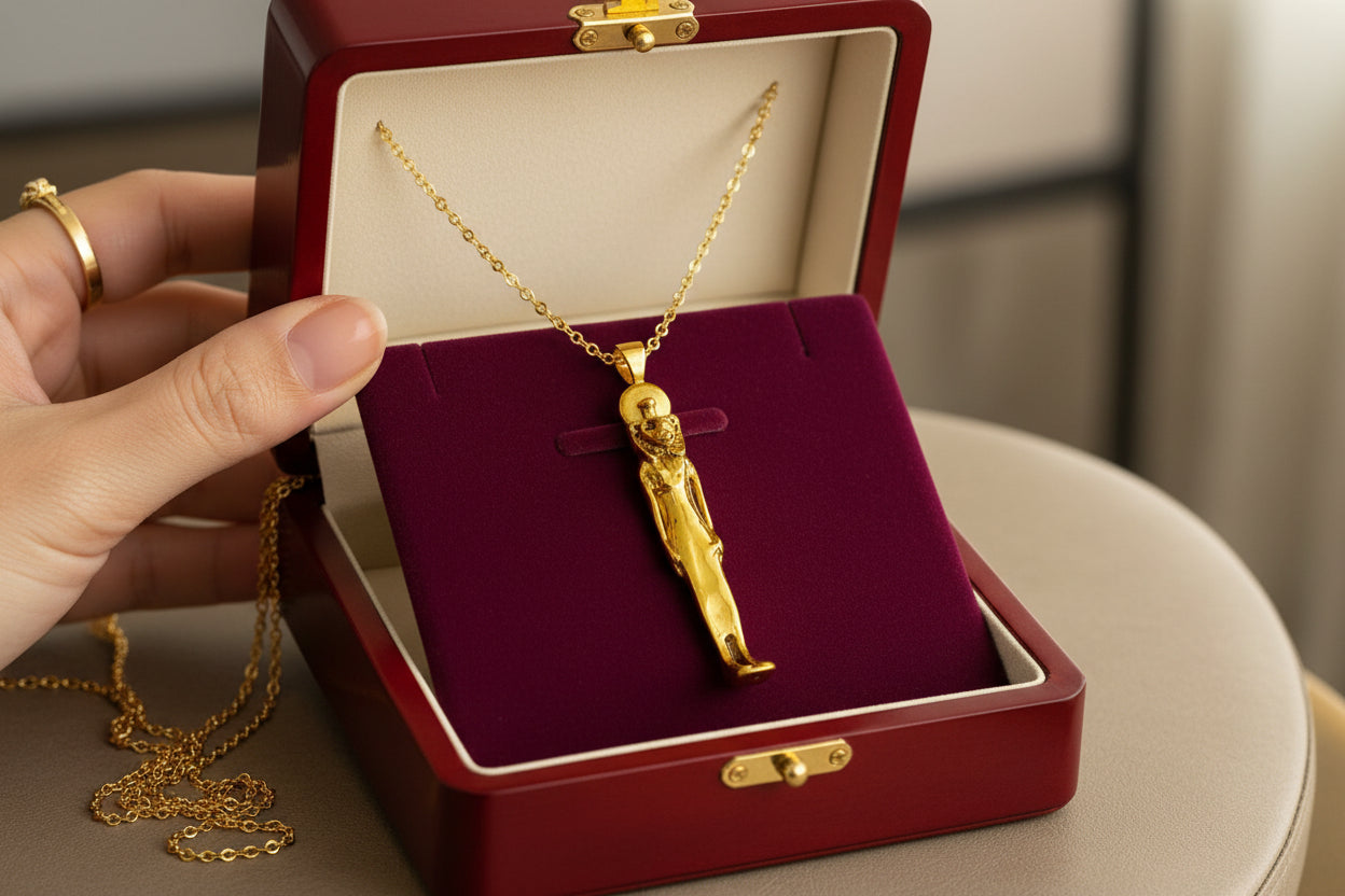 Gold Sekhmet Pendant, Egyptian Revival Necklace, Divine Talisman
