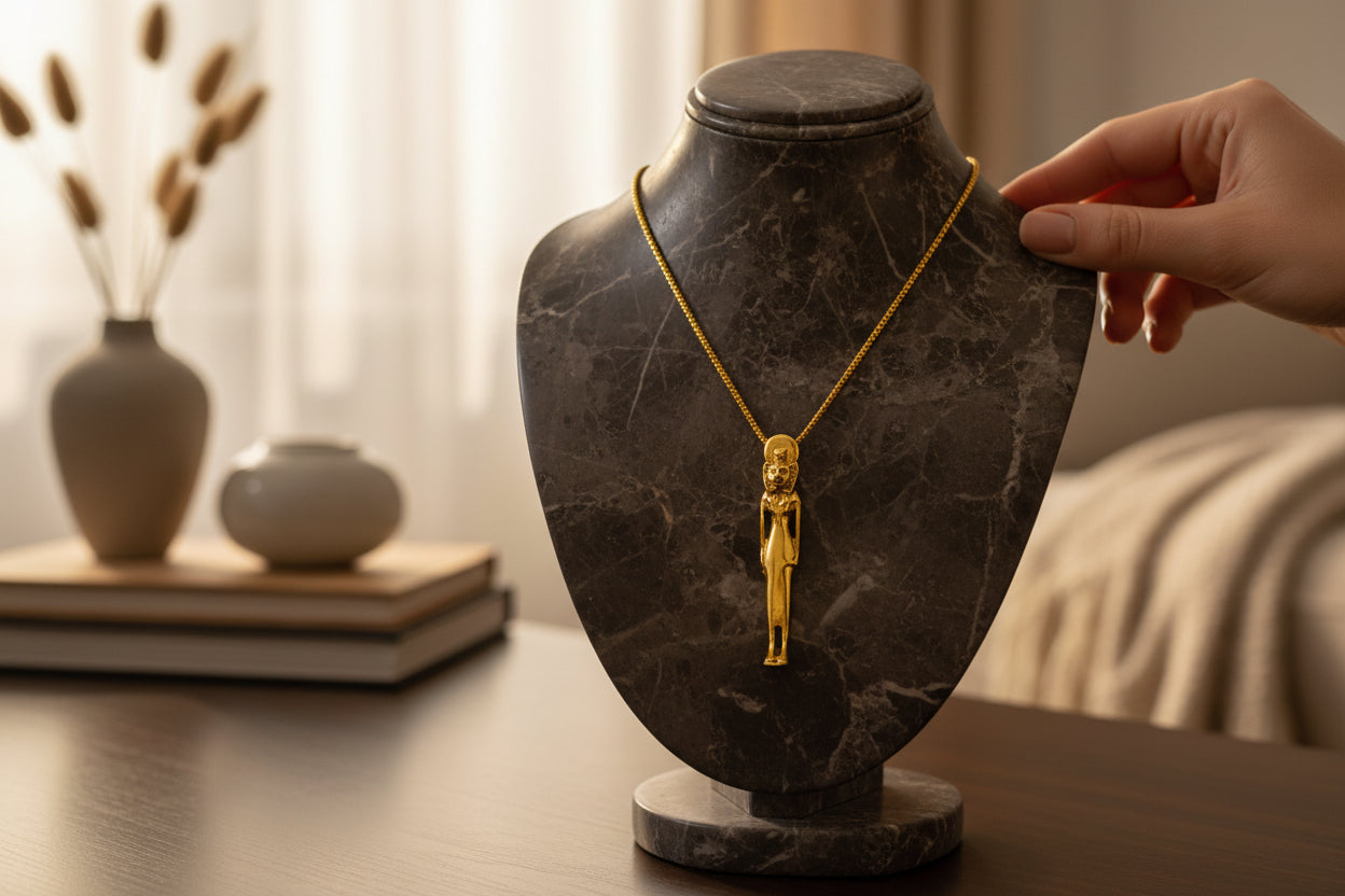 Gold Sekhmet Pendant, Egyptian Revival Necklace, Divine Talisman