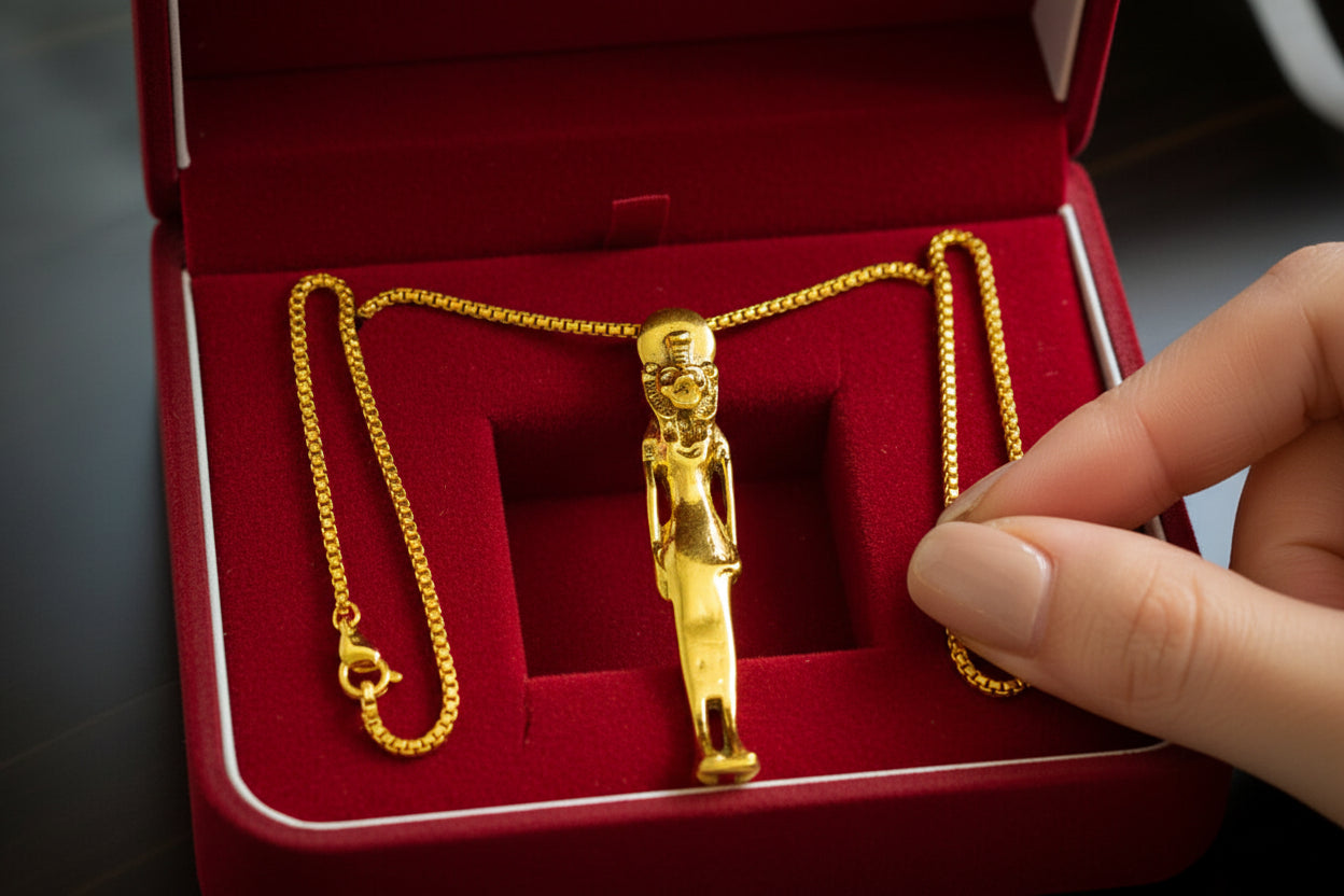 Gold Sekhmet Pendant, Egyptian Revival Necklace, Divine Talisman