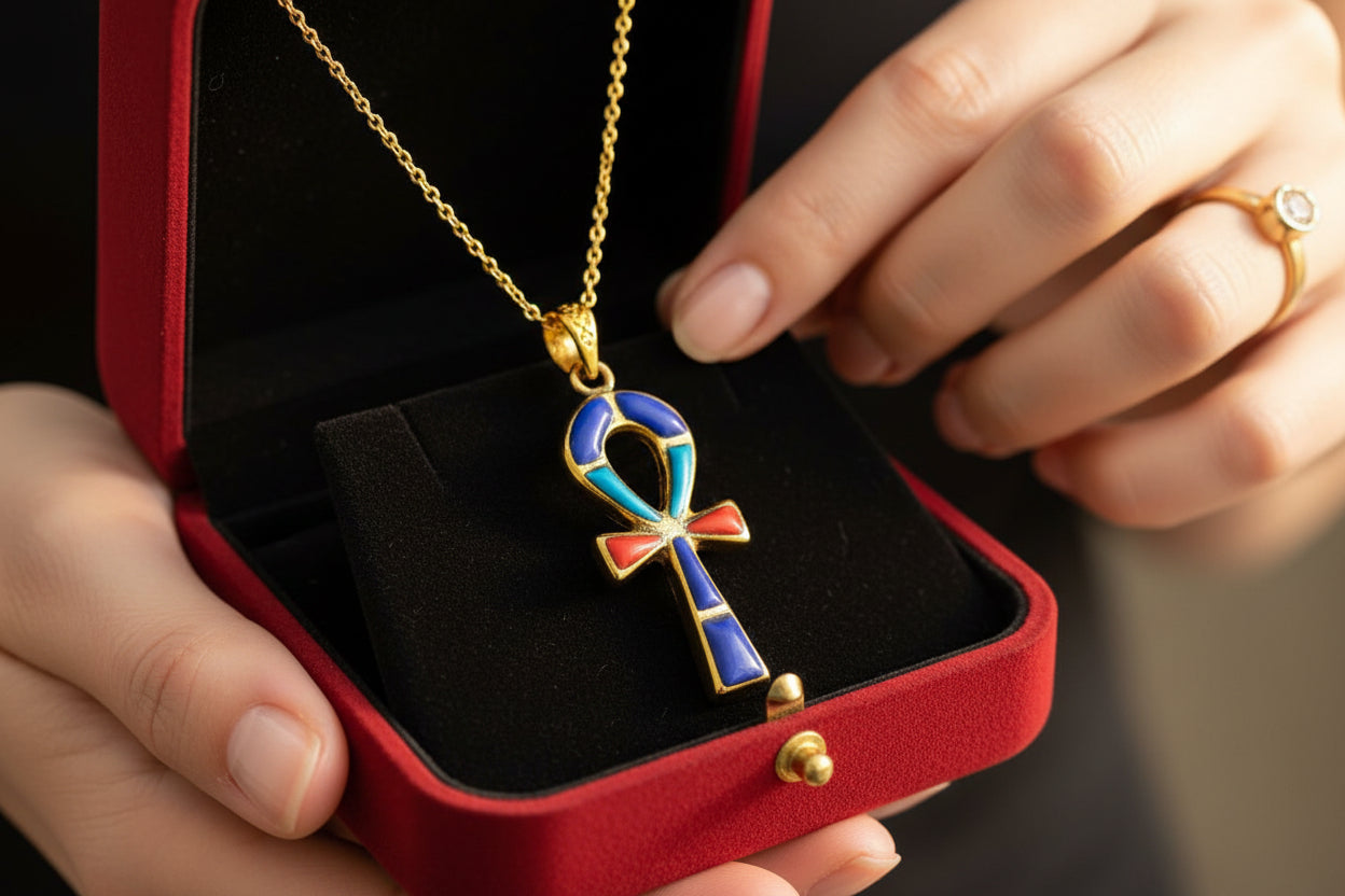 Gold Key Of Life Ankh Pendant Necklace, Lapis Lazuli, Turquoise & Coral Egyptian Jewelry