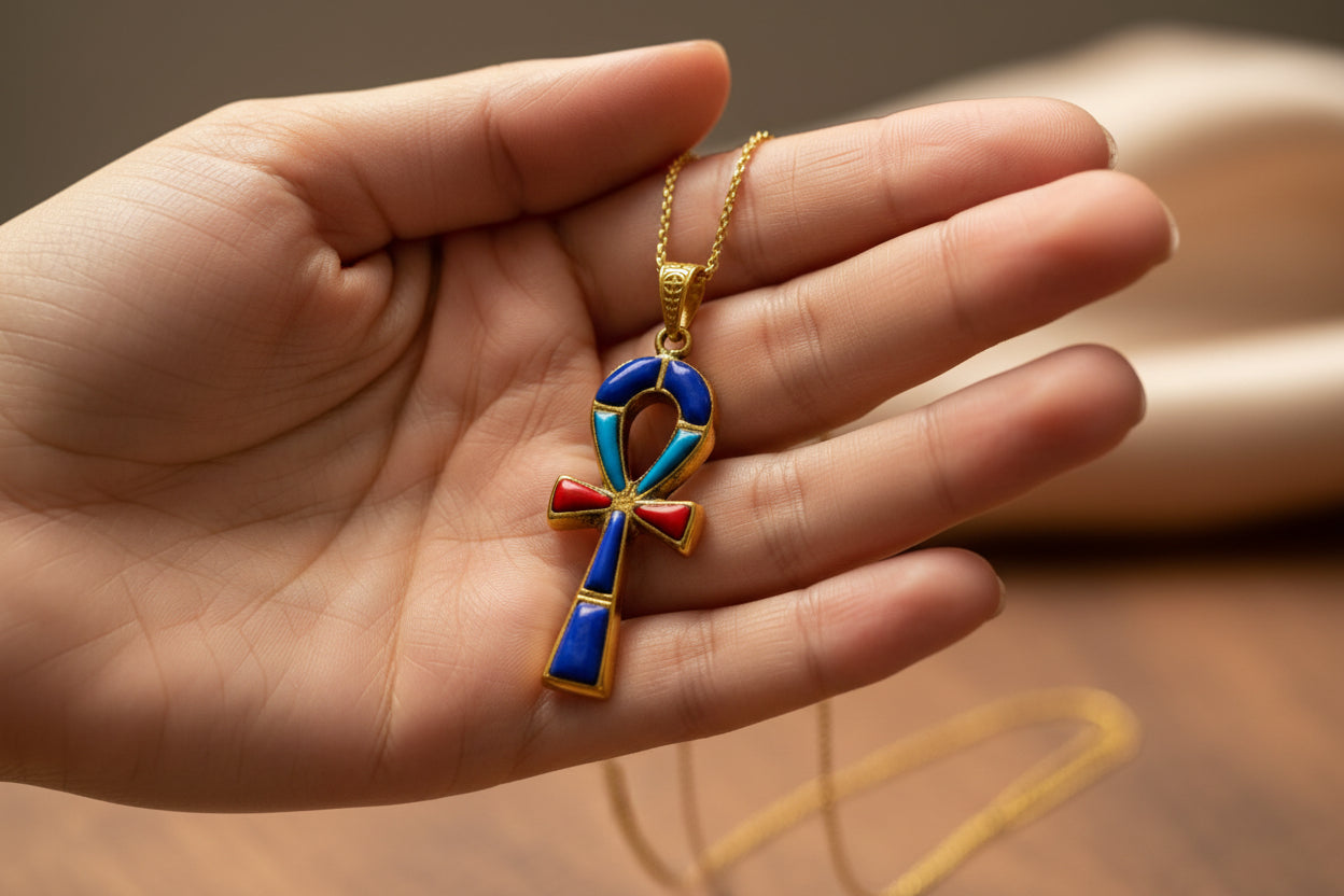 Gold Key Of Life Ankh Pendant Necklace, Lapis Lazuli, Turquoise & Coral Egyptian Jewelry