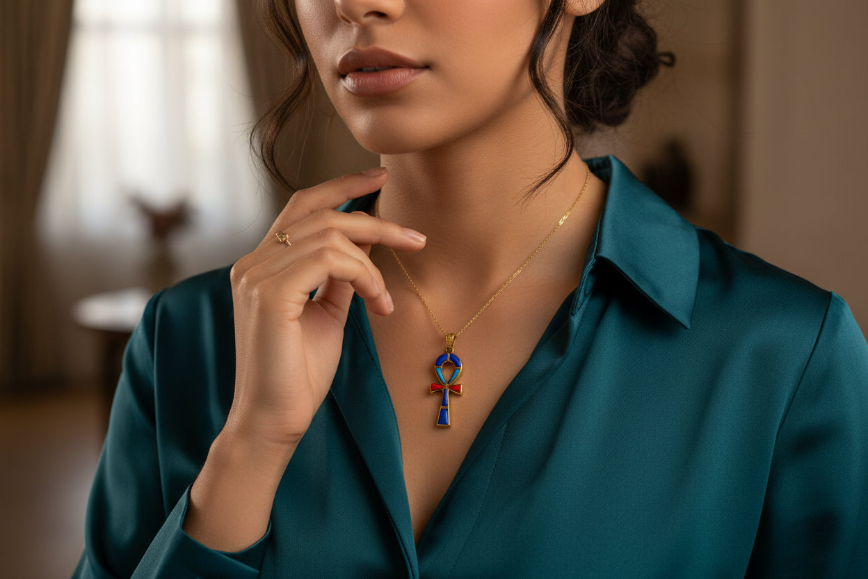Gold Key Of Life Ankh Pendant Necklace, Lapis Lazuli, Turquoise & Coral Egyptian Jewelry
