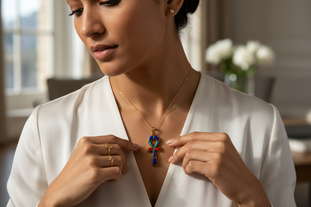 Gold Key Of Life Ankh Pendant Necklace, Lapis Lazuli, Turquoise & Coral Egyptian Jewelry