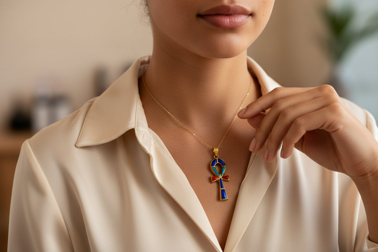Gold Key Of Life Ankh Pendant Necklace, Lapis Lazuli, Turquoise & Coral Egyptian Jewelry