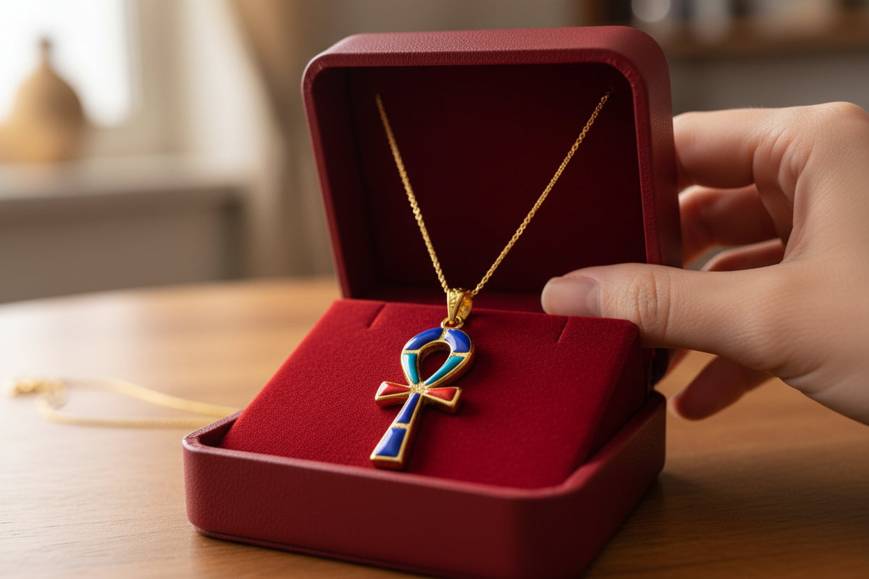 Gold Key Of Life Ankh Pendant Necklace, Lapis Lazuli, Turquoise & Coral Egyptian Jewelry