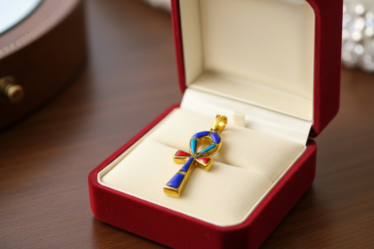 Gold Key Of Life Ankh Pendant Necklace, Lapis Lazuli, Turquoise & Coral Egyptian Jewelry