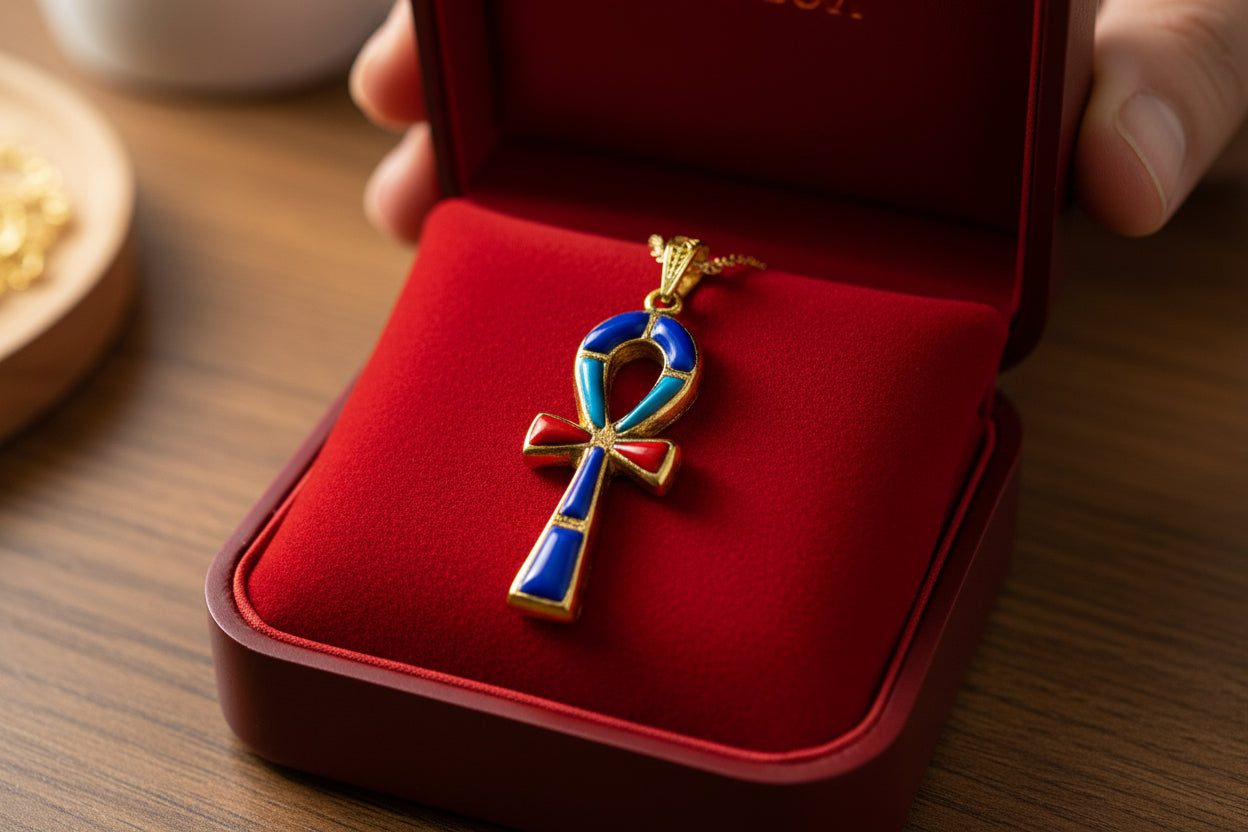 Gold Key Of Life Ankh Pendant Necklace, Lapis Lazuli, Turquoise & Coral Egyptian Jewelry